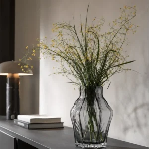 Designer Angular Clear Glass Vase in slate — in a room setting