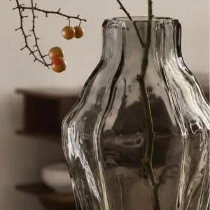 Designer Angular Clear Glass Vase in slate — in a room setting