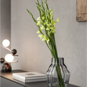 Designer Angular Clear Glass Vase in slate — in a room setting