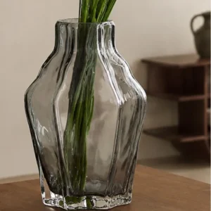Designer Angular Clear Glass Vase in slate — in a room setting