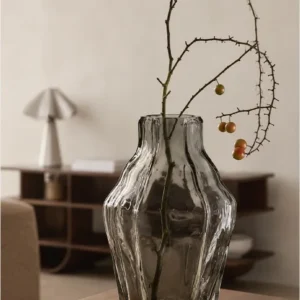Designer Angular Clear Glass Vase in slate — in a room setting