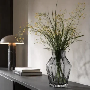 Designer Angular Clear Glass Vase in slate — in a room setting