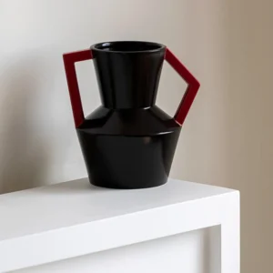 Angular Black Ceramic Vase with Red Square Handles in black — front view