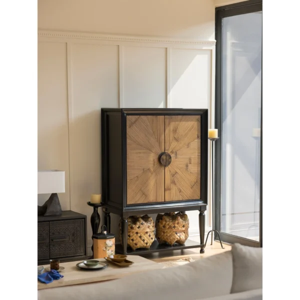 Mahogany Display Cabinet with Bamboo Veneer Doors, 100 cm in clay — in a room setting