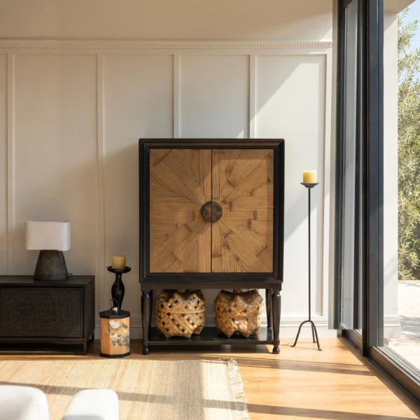 Mahogany Display Cabinet with Bamboo Veneer Doors, 100 cm in clay — in a room setting