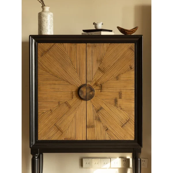 Mahogany Display Cabinet with Bamboo Veneer Doors, 100 cm in clay — in a room setting