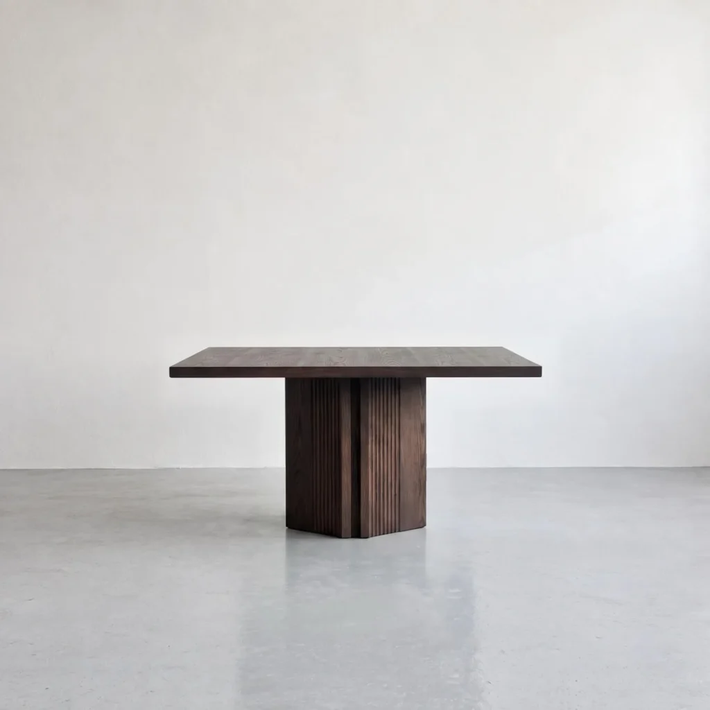 Aperta FAS Ash Square Dining Table on Slatted Pedestal in walnut — front view