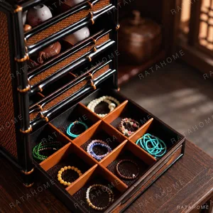 Bamboo Apothecary Cabinet with Plain Woven Doors in clay — in a room setting
