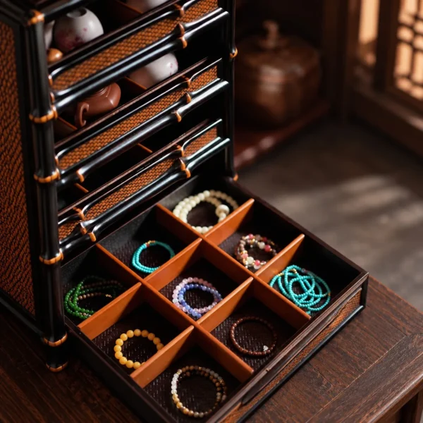 Bamboo Apothecary Cabinet with Plain Woven Doors in clay — in a room setting