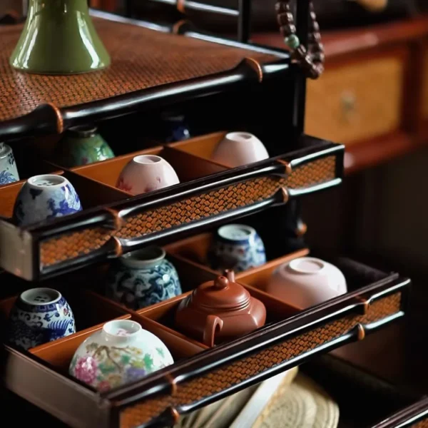 Bamboo Apothecary Cabinet with Plain Woven Doors in clay — detail