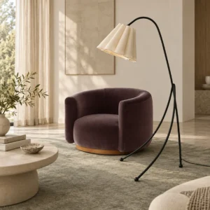 Arc Floor Lamp with Pleated Petal Fabric Shade in Black Iron — front view