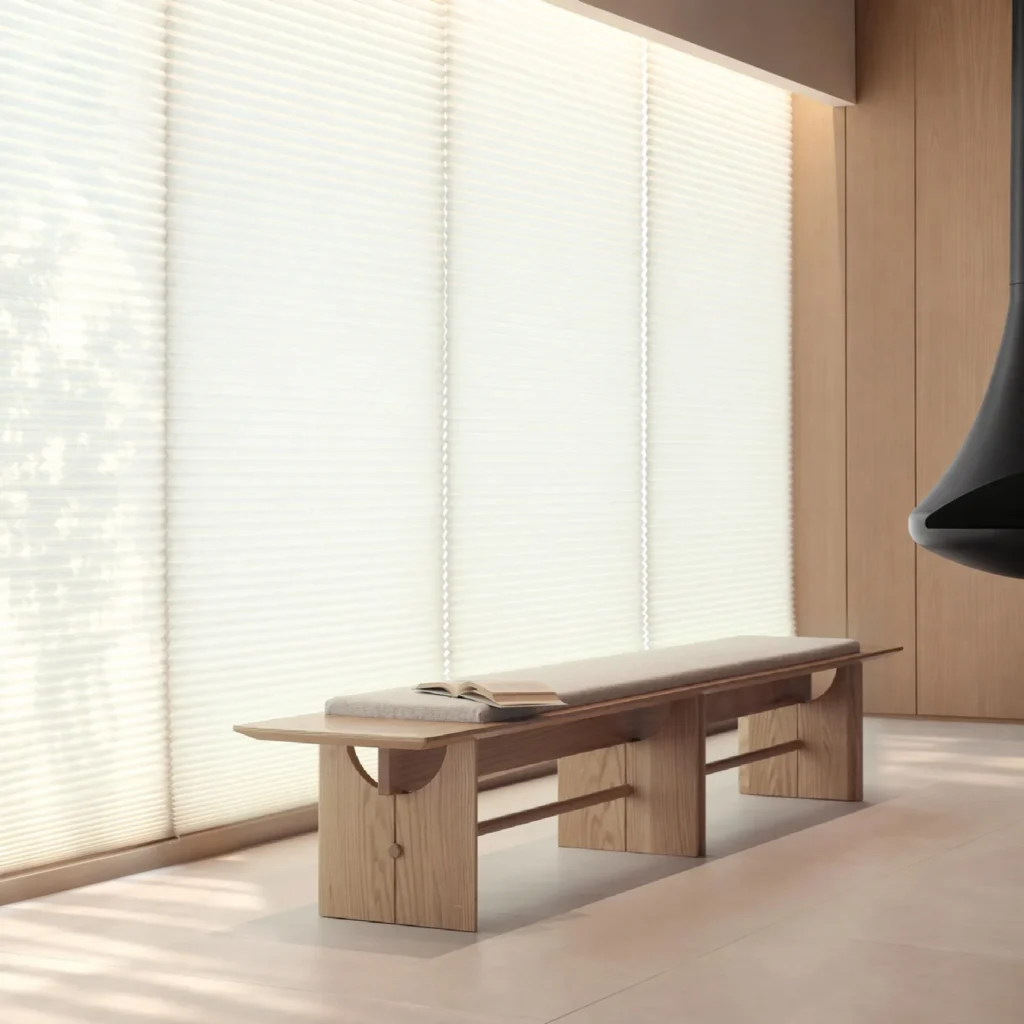 Arch Bridge Slat Bench in White Oak with Leather Seat — front view