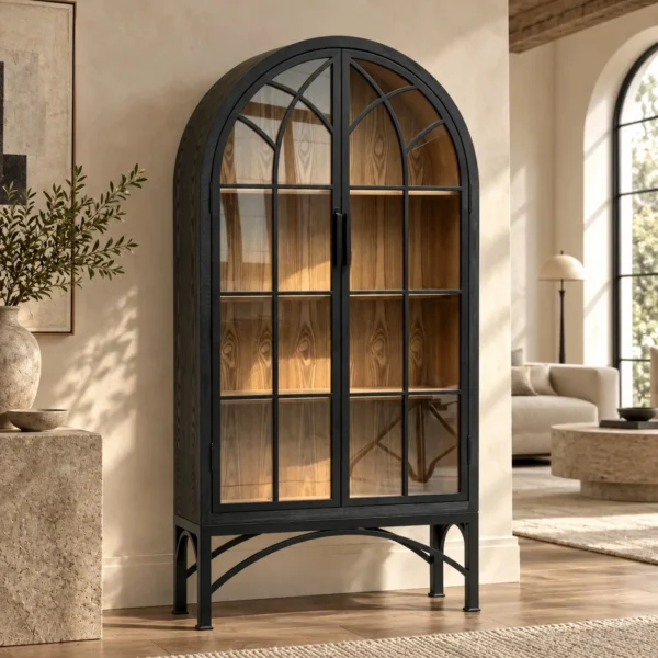 Arched Ash Display Cabinet in black — in a room setting