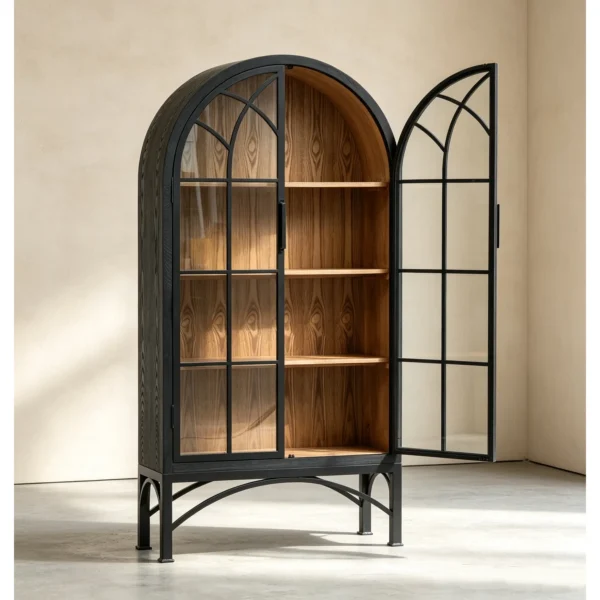 Arched Ash Display Cabinet in black — in a room setting