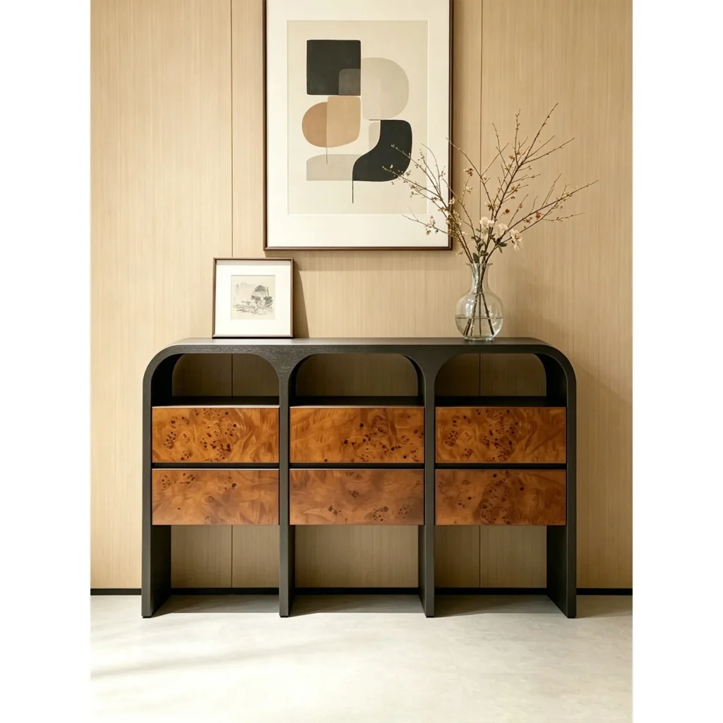 Arched Black Frame Sideboard with Burl Drawers in black — front view