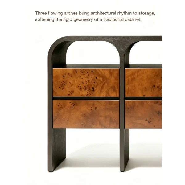 Arched Black Frame Sideboard with Burl Drawers in black — in a room setting
