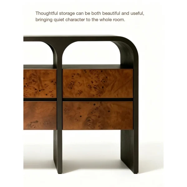 Arched Black Frame Sideboard with Burl Drawers in black — in a room setting