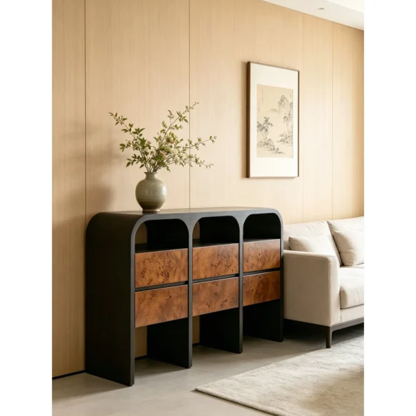 Arched Black Frame Sideboard with Burl Drawers in black — in a room setting