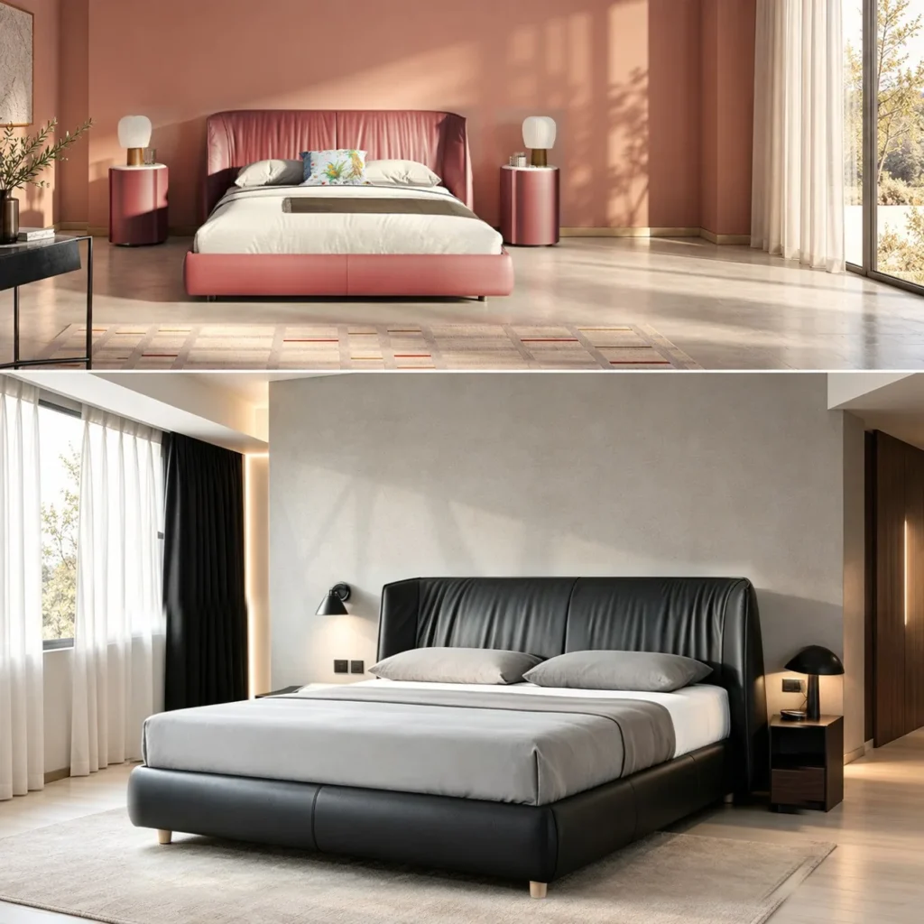Archibald Curved Leather Bed in black — front view