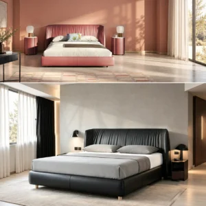 Archibald Curved Leather Bed in black — front view