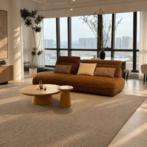 Armless Irregular Curved Sofa in linen blend — front view