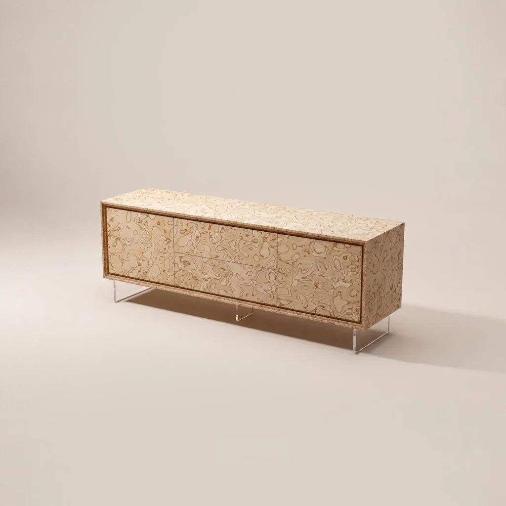 Art Burl Veneer Acrylic Leg Stand in wood veneer — front view