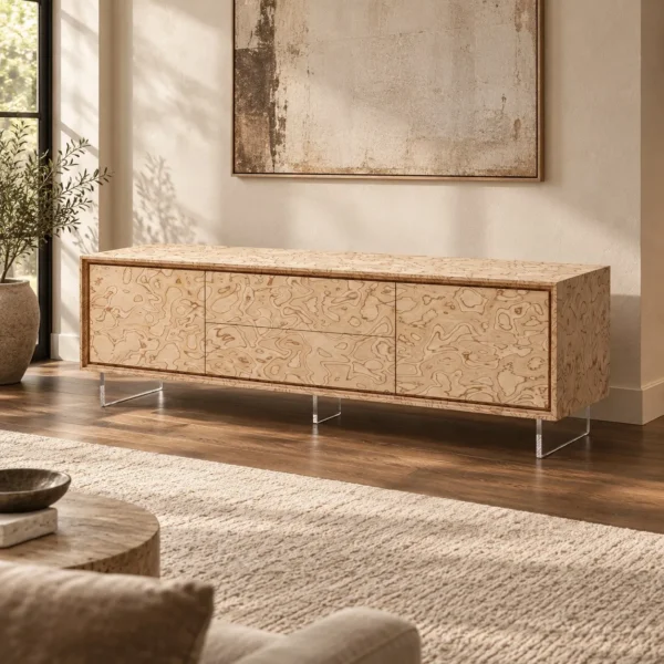 Art Burl Veneer TV Stand on Clear Acrylic Base in oatmeal — in a room setting