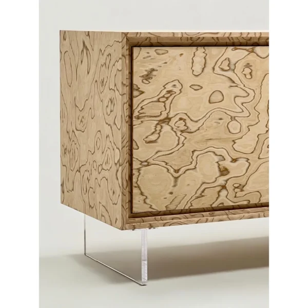 Art Burl Veneer TV Stand on Clear Acrylic Base in oatmeal — in a room setting