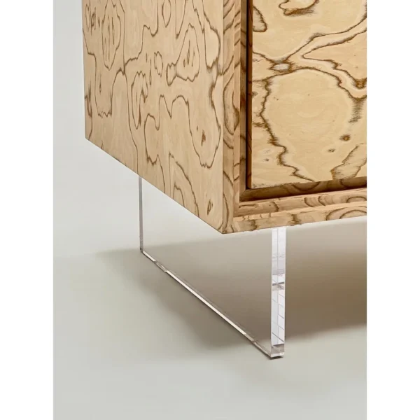 Art Burl Veneer TV Stand on Clear Acrylic Base in oatmeal — in a room setting