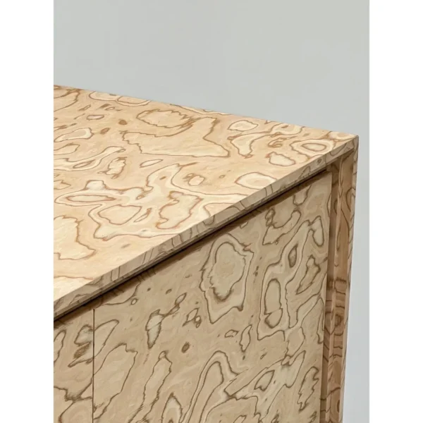 Art Burl Veneer TV Stand on Clear Acrylic Base in oatmeal — in a room setting