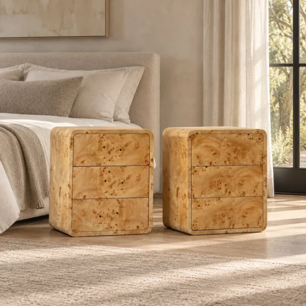 Rounded Burl Veneer Three-Drawer Nightstand in natural oak — in a room setting