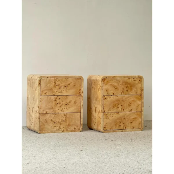 Rounded Burl Veneer Three-Drawer Nightstand in natural oak — in a room setting