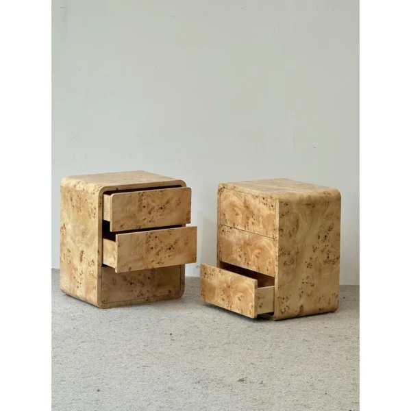 Rounded Burl Veneer Three-Drawer Nightstand in natural oak — in a room setting