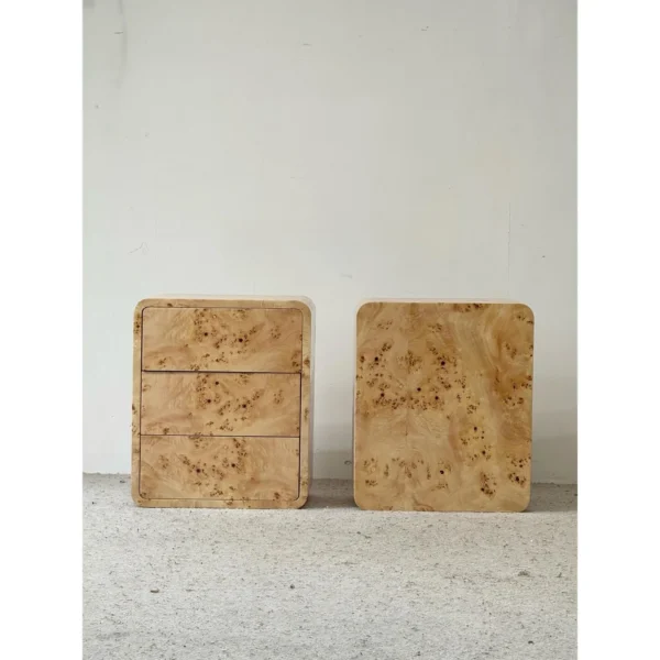 Rounded Burl Veneer Three-Drawer Nightstand in natural oak — in a room setting