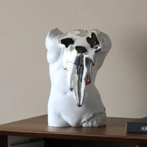 Male Torso Bust with Mirror-Silver Melt, Modern Art in ivory — front view