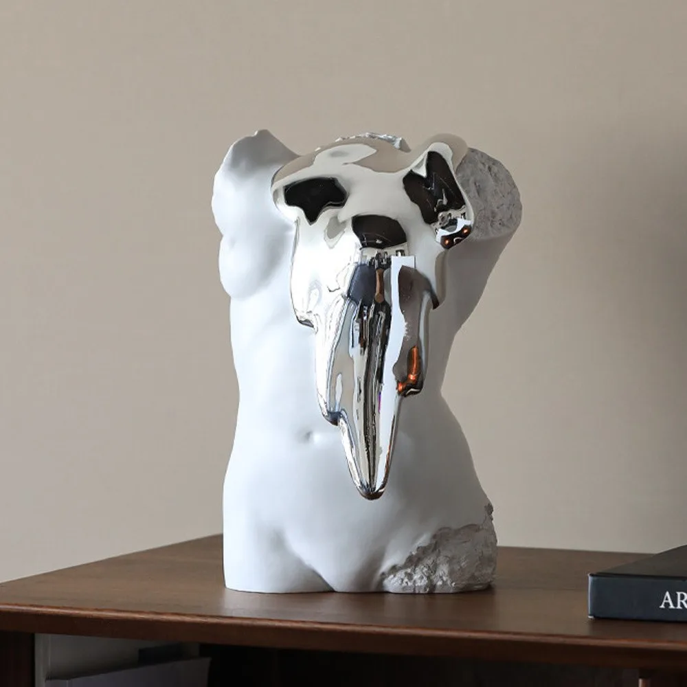 Male Torso Bust with Mirror-Silver Melt, Modern Art in ivory — front view