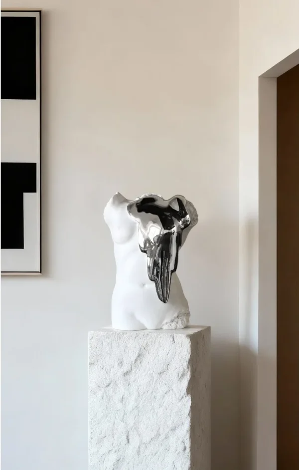 Male Torso Bust with Mirror-Silver Melt, Modern Art in ivory — in a room setting