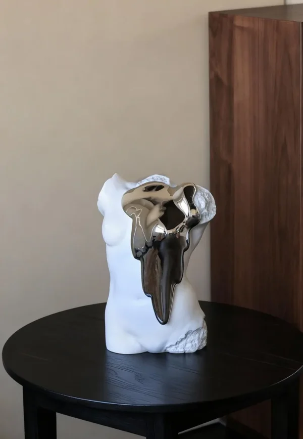 Male Torso Bust with Mirror-Silver Melt, Modern Art in ivory — in a room setting