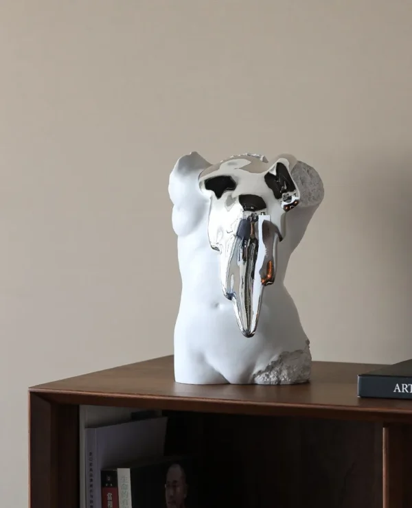 Male Torso Bust with Mirror-Silver Melt, Modern Art in ivory — in a room setting