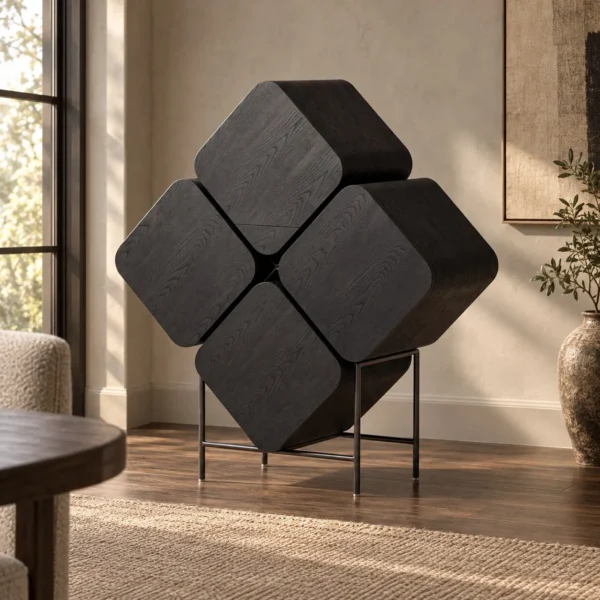 Black Wood Cube Wine Cabinet on Slim Metal Stand in black — in a room setting