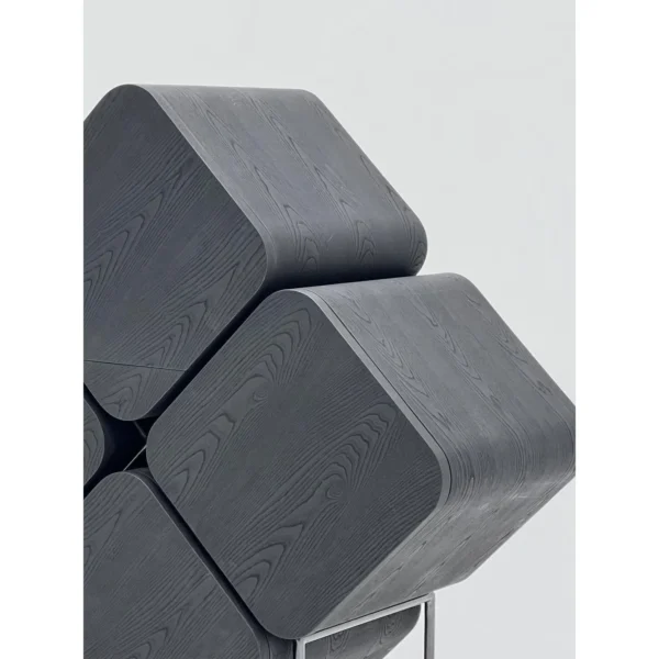 Black Wood Cube Wine Cabinet on Slim Metal Stand in black — in a room setting