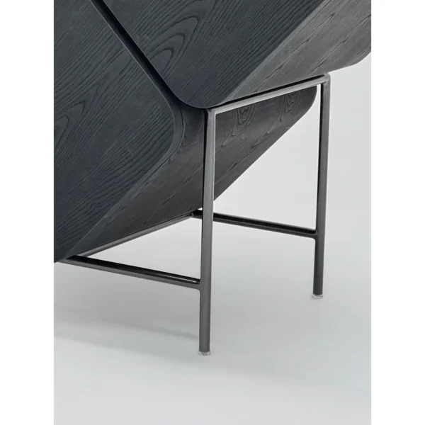 Black Wood Cube Wine Cabinet on Slim Metal Stand in black — in a room setting