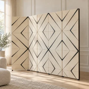 Art Deco Lacquer Screen with Black Diamond Lines in oatmeal — front view