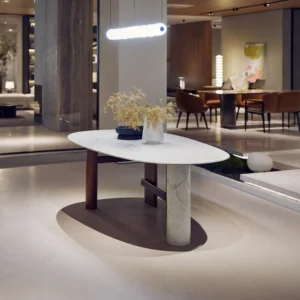 Oval Marble Dining Table on Ash and Marble Legs in ivory — front view