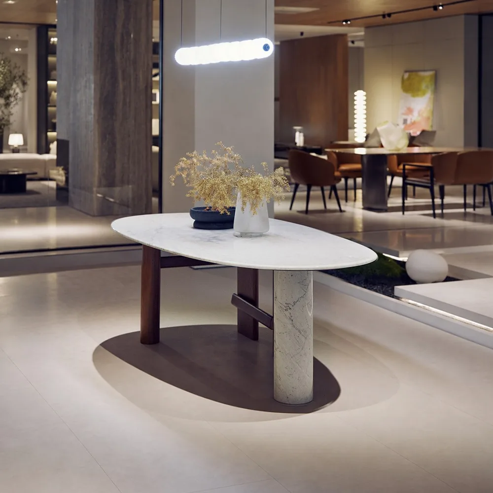 Oval Marble Dining Table on Ash and Marble Legs in ivory — front view
