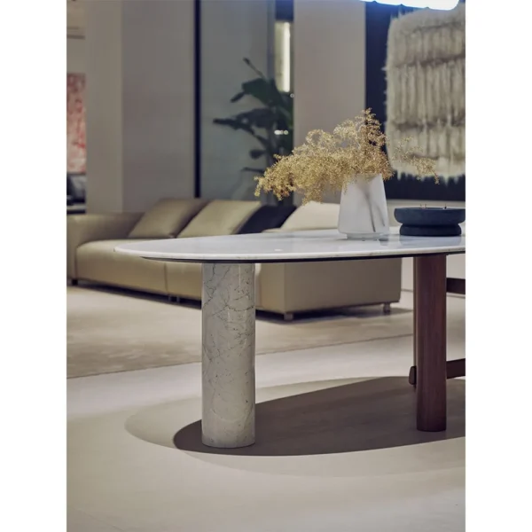 Oval Marble Dining Table on Ash and Marble Legs in ivory — in a room setting