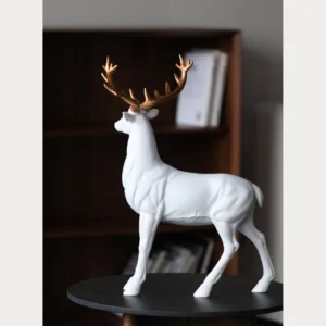 White Stag Sculpture with Gold Antlers, Fortune Deer in ivory — front view