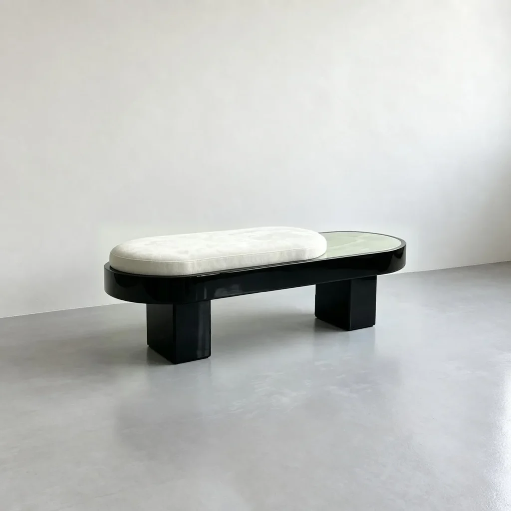 Oval Jade Stone Bench with Velvet Cushion on Black Base in olive — front view
