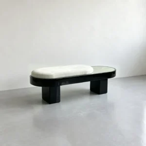 Oval Jade Stone Bench with Velvet Cushion on Black Base in olive — front view