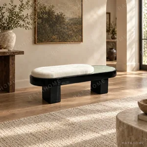 Oval Jade Stone Bench with Velvet Cushion on Black Base in olive — in a room setting